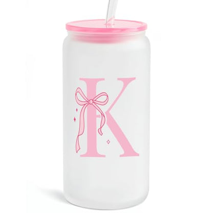 SANDJEST Monogrammed Glass Drinking Can Cup with Acrylic Lid and Straw, Personalized Frosted Iced Coffee Tumbler 16oz, Monogram Initial Gifts for Women Girls on Birthday (K) - color: K