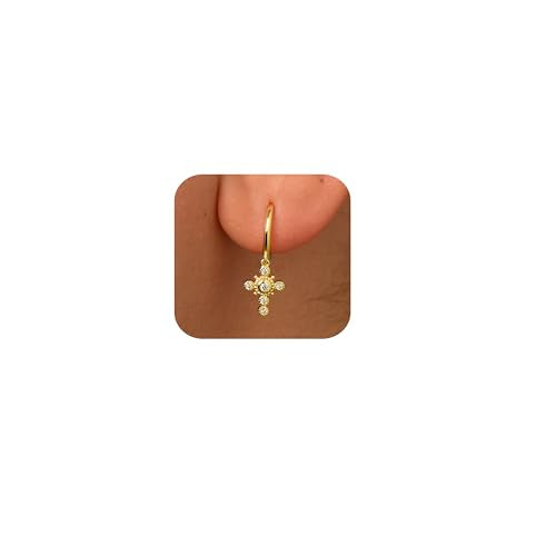 Small Gold/Silver Hoop Earrings for Women - color: Dangle Cross-Gold