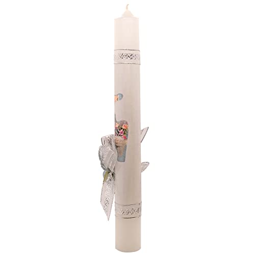 12" Baptism Paschal Candle Keepsake | Great Catholic Gift for Baptism or New Baby | Blue, Pink, or White Rose with Silver-Tone Accent Ribbons | Religious Easter Tradition (White) - color: White