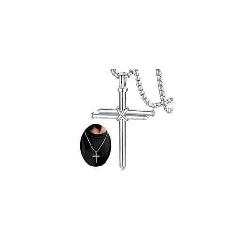 FaithHeart Stainless Steel Cross Necklace for Men, Silver/Black/Gold Cross Chains for Men Religious Amulet Necklaces Christian Gifts for Dad - style: Nail Cross-Silver