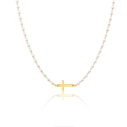 Tewiky 14K Gold Plated Cross Necklace for Women, Pearl Cross Necklace - color: Gold 2
