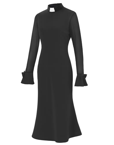 Trumpet Long Sleeve Mesh Church Dress Clergy Tab Insert Collar Priestess Dress - color: Black, size: Medium