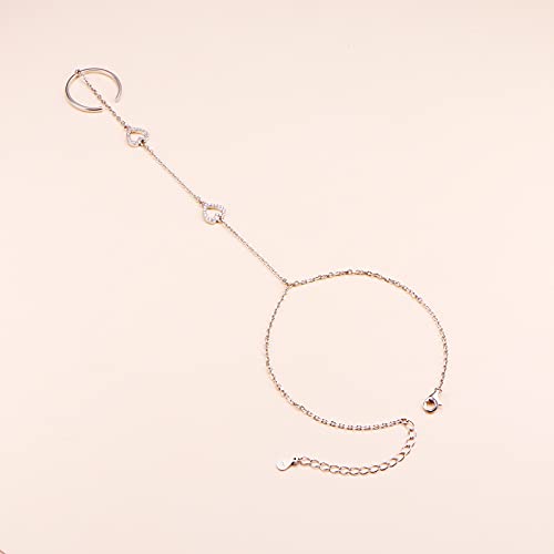 S925 Sterling Silver Finger Ring Bracelet Hand Adjustable Chain for Women - style: Heart CZ