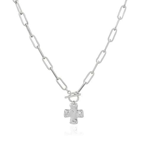Chunky Cross Necklace for Women, 14K Gold Silver Pendant Necklace - color: White Gold-Toggle-0.8 inch pendant