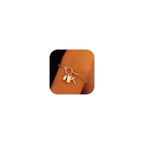 Initial Cross Charm Bracelet, 18K Gold Plated Dainty Paperclip Link Chain Bracelets for Women, Non Tarnish, A-Z Letter Bracelet Personalized Gifts Gold Jewelry for Women - color: Letter-M