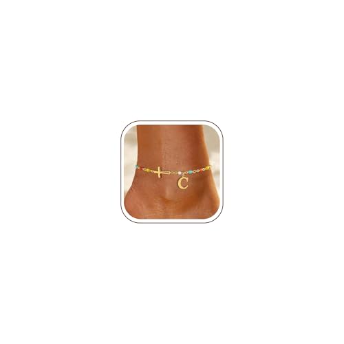 TOBENY Colorful A-Z Initial Cross Gold Ankle Bracelets for Women Waterproof - color: Initial Cross Anklet-C