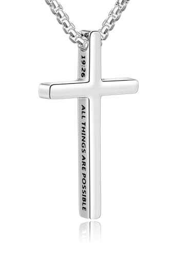 Fiusem Cross Necklace for Men, Stainless Steel Cross Pendant STXL023 - color: Silver, size: 22", style: MATTHEW 19:26