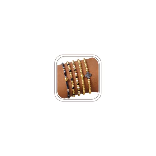 M MOOHAM Beaded Bracelets for Women Teen Girls, 14K Gold Bracelet Stack - color: Black Cross