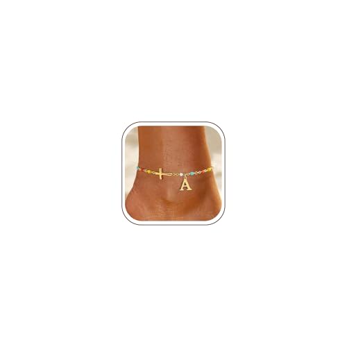 TOBENY Colorful A-Z Initial Cross Gold Ankle Bracelets for Women Waterproof - color: Initial Cross Anklet-A