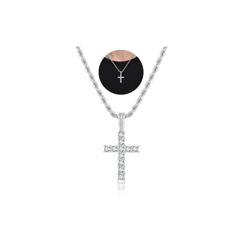 925 Sterling Silver Cross Necklaces for Mens Women CZ Beveled Edge - color: Cubic Zirconia Silver Cross