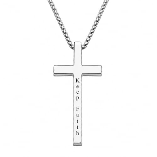 Engraved Cross Necklace for Men, Women & Boys & Girls Cross Necklace, Stainless Steel Cross Pendant Necklace, Faith & Inspiration Christian Jewelry Gift - color: Keep Faith