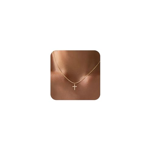 Cross Necklace For Women,14K Gold Plated Small Dainty Colorful Beaded Cubic Zirconia Diamond Double Layered Cross Pendant Choker Necklaces For Women,Christian Easter Religious Jewelry Gifts - style: Box Chain Small CZ Cross-Gold