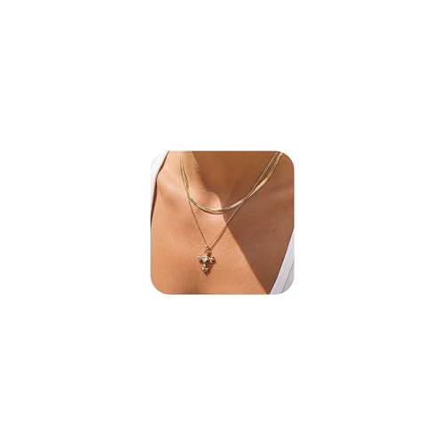 CONRAN KREMIX Waterproof Gold Layered Cross Necklace for Women Non Tarnish,14k Gold Plated Stainless Steel Dainty Cross Necklace Stack Necklaces Set for Women Christian Gifts Jewelry - color: Gold-Cross01