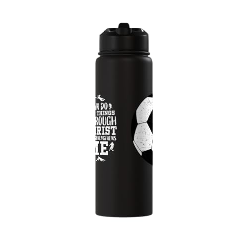 Christian Soccer Faith Graphic Bible Verse Philippians 4:13 Stainless Steel Insulated Water Bottle - color: Black