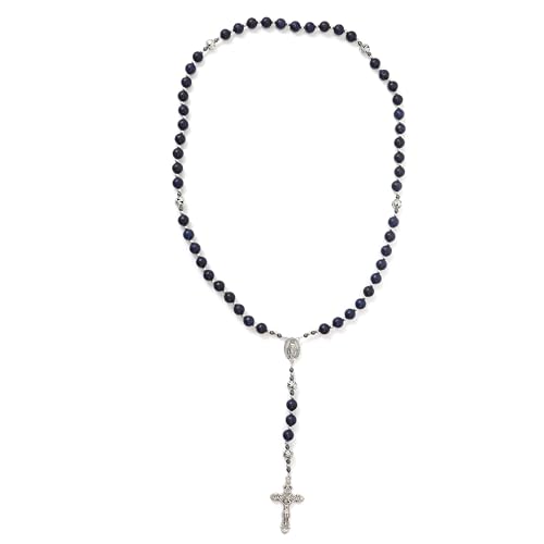Nazareth Store Genuine Rosary Stone Beads Necklace Metal Beaded Glory Beads Miraculous Medal & Silver Cross Crucifix For Men and Womens - color: Blue Lapis Lazuli