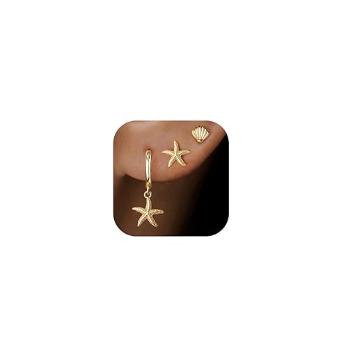 14K Gold Planted Seashell Starfish Stud dangle Earrings for Women, Summer Beach Hoop Earrings for Multiple Piercing Cartilage, Dainty Trendy Dangling Earring 3 Pairs Set Vacation Ocean Outfits Accessories Jewelry - color: SeaShell-Gold