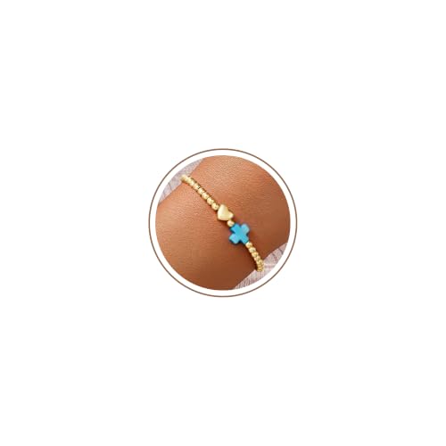 Turandoss Gold Cross Bracelet for Women Heart Beaded Bracelet Faith Jewelry - color: Turquoise Cross Bracelet