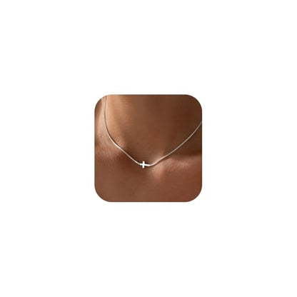 Rotnso Cross Necklace for Women 14K Gold Plated Dainty Small Pendant Choker - style: Box Chain Sideways Cross-SL