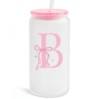 SANDJEST Monogrammed Glass Drinking Can Cup with Acrylic Lid and Straw, Personalized Frosted Iced Coffee Tumbler 16oz, Monogram Initial Gifts for Women Girls on Birthday (B) - color: B