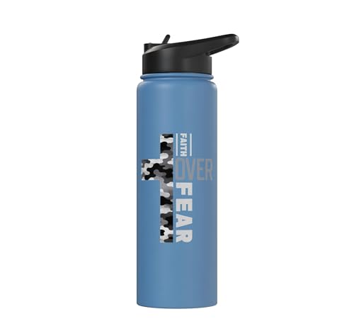 Faith Over Fear Christian Camo Cross Religious Bible Verse Stainless Steel Insulated Water Bottle - color: Light Blue