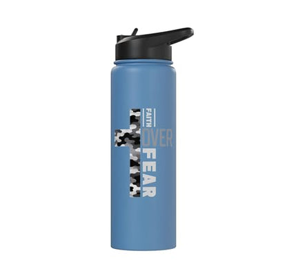 Faith Over Fear Christian Camo Cross Religious Bible Verse Stainless Steel Insulated Water Bottle - color: Light Blue