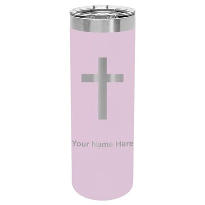 LaserGram Personalized 22oz Skinny Tumbler, Christian Cross (Light Purple) - color: Light Purple