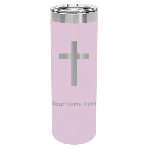 LaserGram Personalized 22oz Skinny Tumbler, Christian Cross (Light Purple) - color: Light Purple