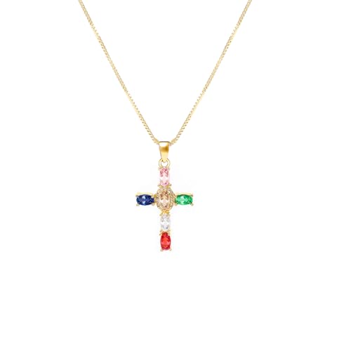 Gold Cross Necklace for Women, 14K Gold Plated - style: colorful zircon