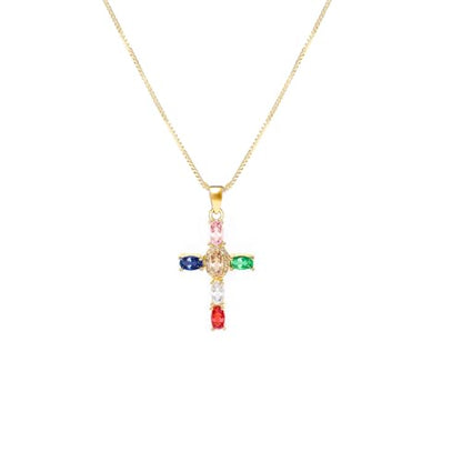 Gold Cross Necklace for Women, 14K Gold Plated - style: colorful zircon