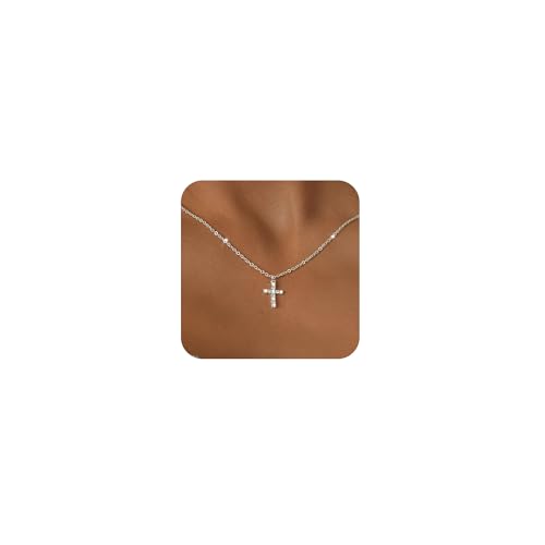 Tewiky Cross Necklace for Women Gold Cross Pendant Cute Necklaces - color: Silver CZ Cross