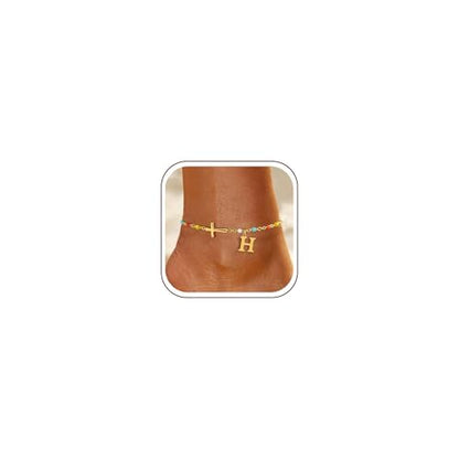 TOBENY Colorful A-Z Initial Cross Gold Ankle Bracelets for Women Waterproof - color: Initial Cross Anklet-H