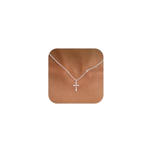 Cross Necklace for Women, Dainty 14K Gold Plated CZ Pendant - color: Silver-dainty plain cross