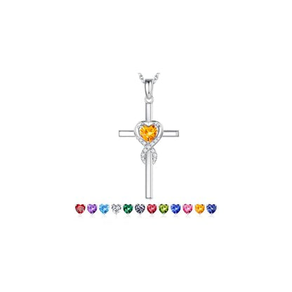 Iefil Cross Necklace for Women - Birthstone Necklace - color: 11-Nov-Created Citrine