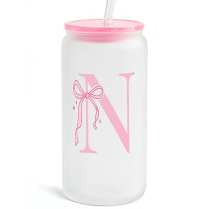 SANDJEST Monogrammed Glass Drinking Can Cup with Acrylic Lid and Straw, Personalized Frosted Iced Coffee Tumbler 16oz, Monogram Initial Gifts for Women Girls on Birthday (N) - color: N