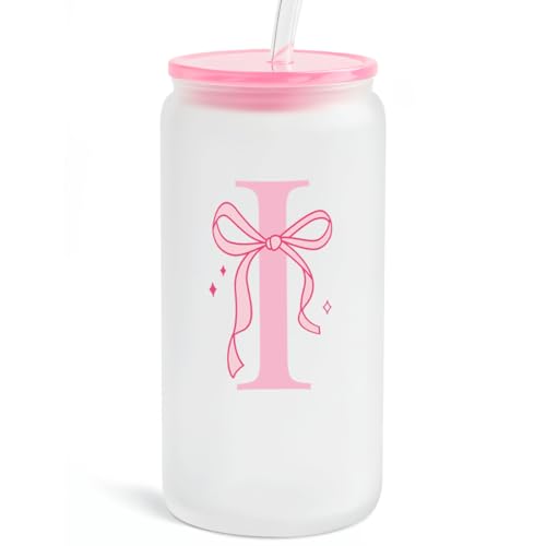 Monogrammed Glass Drinking Can Cup with Acrylic Lid and Straw, Personalized Frosted Iced Coffee Tumbler 16oz, Monogram Initial Gifts for Women Girls on Birthday (I) - color: I