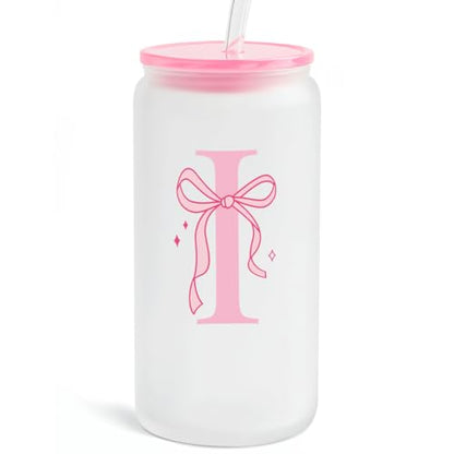 Monogrammed Glass Drinking Can Cup with Acrylic Lid and Straw, Personalized Frosted Iced Coffee Tumbler 16oz, Monogram Initial Gifts for Women Girls on Birthday (I) - color: I