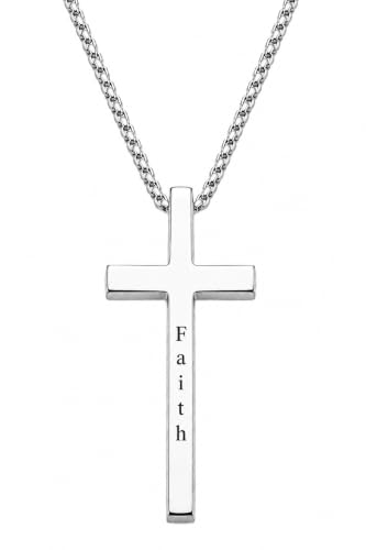 Engraved Cross Necklace for Men, Women & Boys & Girls Cross Necklace, Stainless Steel Cross Pendant Necklace, Faith & Inspiration Christian Jewelry Gift - color: Faith