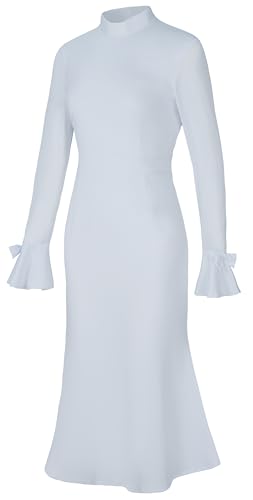 Trumpet Long Sleeve Mesh Church Dress Clergy Tab Insert Collar Priestess Dress - color: White, size: Large