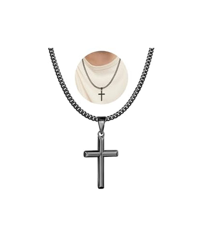 Avotto 316L Stainless Steel Cross Necklace Jewelry Gifts for Men Boys, Silver Gold Black Necklaces 5mm Non-Fading Sturdy Cuban Chain with Cross Pendant 14/16/18/20/22/24Inch - color: Black, size: 24 inch(60cm)-Extra Long Fit