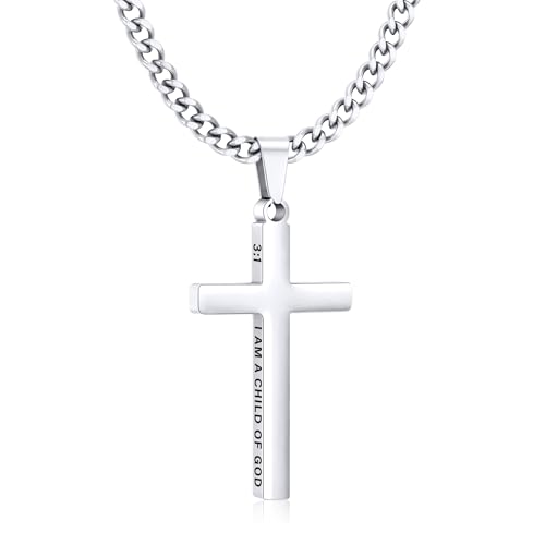 Gnamy Cross Necklace for Men Boys Stainless Steel Bible Verse Cross Pendant with Cuban Link Chain (22+2 Inches) | Christian Religious Jewelry Gifts - color: Silver, style: I AM A CHILD OF GOD