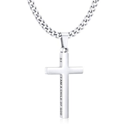Gnamy Cross Necklace for Men Boys Stainless Steel Bible Verse Cross Pendant with Cuban Link Chain (22+2 Inches) | Christian Religious Jewelry Gifts - color: Silver, style: I AM A CHILD OF GOD