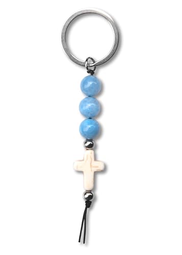 Christian Cross Keychain - Natural Stone Beaded Faith Gift for Baptism, Confirmation or Christmas - color: Sky Blue