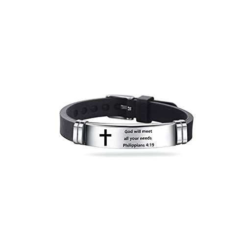 Inspirational Quote Cross Bracelets Faith Christian Bible Verse Silicone ID Wristband Religious Gifts for Men Women Stainless Steel Rubber Adjustable - style: God will meet all your needs Philippians 4:19