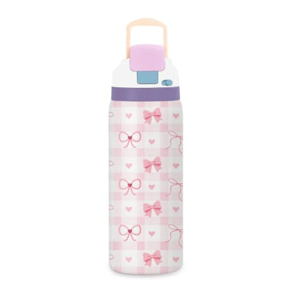 Bow 32oz Insulated Water Bottle, Women Gift, Handle and 2-in-1 Lid, 1PCS - color: Bow-Pink