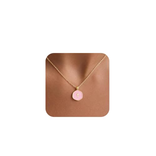 M MOOHAM Enamel Mini Cross Necklace for Women Girl, 14K Gold Plated Jewelry - color: pink cross-cable chain