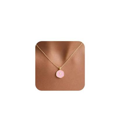 M MOOHAM Enamel Mini Cross Necklace for Women Girl, 14K Gold Plated Jewelry - color: pink cross-cable chain