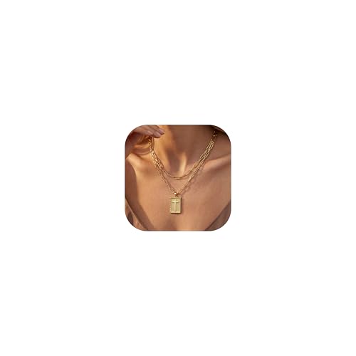 Cross Necklace for Women Girls, 14K Gold Plated Dainty Pendant Necklaces Set, Cute Trendy Faith Christian Religious Everyday Jewelry Gifts Aesthetic Accessories Non Tarnish - color: Double Layer Paperclip