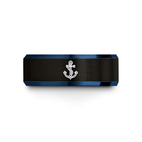 Gift for Nautical Fan - Anchor With Rope Ring - Men Women - Tungsten - Flat Dome Bevel - Band - Yellow Gold Black Silver Blue - Anniversary Wedding - 8mm - Brushed Polished - Personalized Custom Engra - color: 11 - Black Blue Tungsten