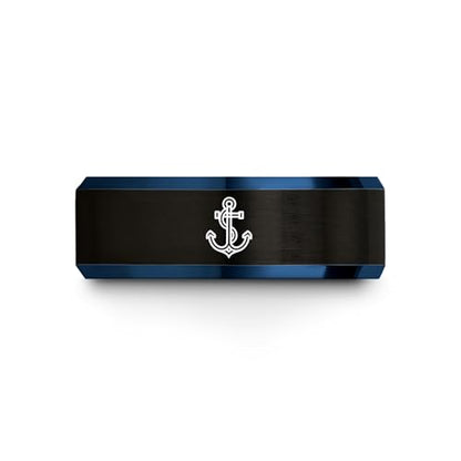 Gift for Nautical Fan - Anchor With Rope Ring - Men Women - Tungsten - Flat Dome Bevel - Band - Yellow Gold Black Silver Blue - Anniversary Wedding - 8mm - Brushed Polished - Personalized Custom Engra - color: 11 - Black Blue Tungsten
