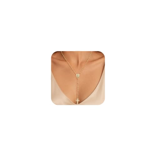 Women's Gold Catolicos Rosary Necklace - 14k Gold Plated Virgin Mary Rosary Bead Cross Necklaces, Non Tarnish Gold Catholic Y Chain Necklaces, Religious Rosary Bead Crucifix Necklace Jewelry for Women - color: Gold-Style2